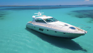 Yate de lujo sobre aguas cristalinas en la costa de Ibiza